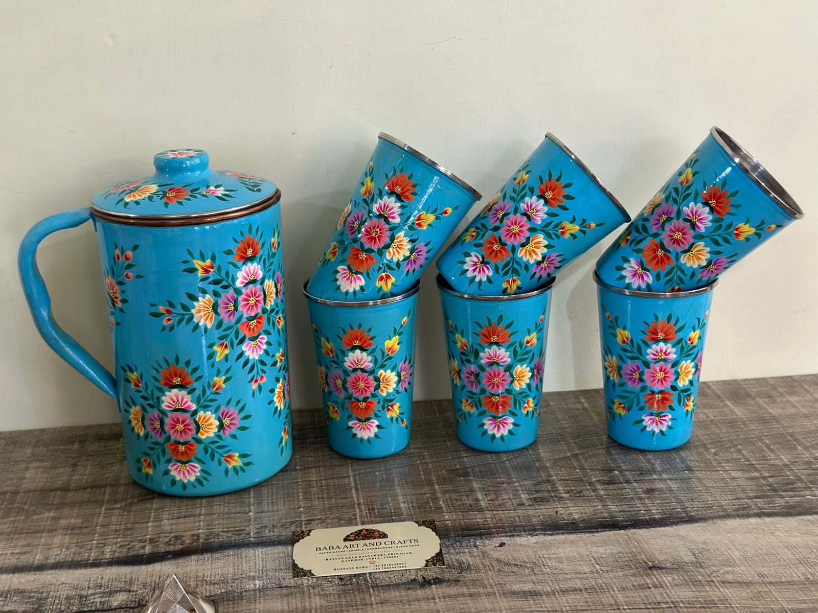 Hand painted jug set, Enamel Ware utensils,Enamelware jug set with 6 hand painted steel glass , kashmiri enamelware, hand painted pitcher set